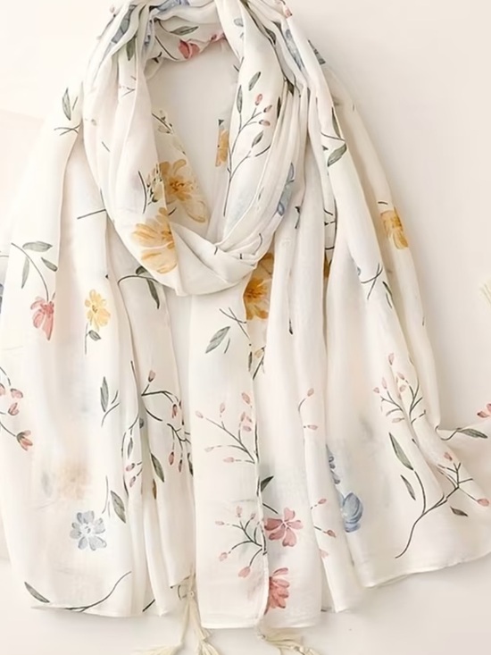 Accessories - Floral Watercolor Lightweight Scarf over White New in Packaging